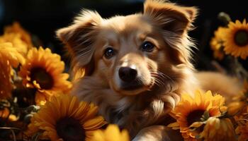 AI generated Cute men embracing small furry pets, outdoors, smiling with happiness generated by AI photo