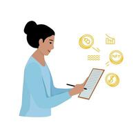 NFT analytics. Girl studies and writes charts. Non-fungible token. For web or news vector