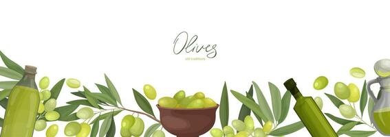 Vector illustration banner A4 page spread, with olive branches, fruits, bottles of olive oil. For printing design or advertising banner.