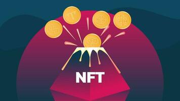 Vector illustration banner volcano erupts in nft coins. Nonfungible unique cryptocurrency