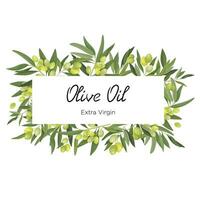 Vector illustration of a horizontal rectangular frame made of olive branches and fruits in a cartoon style. Olive frame for virgin oil, packaging and label and banner