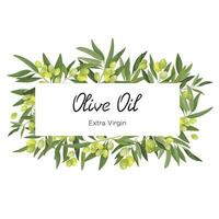 Vector illustration of a horizontal rectangular frame made of olive branches and fruits in a cartoon style. Olive frame for virgin oil, packaging and label and banner