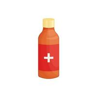 Vector illustration with a glass bottle of medicine with a cross in cartoon style. Vaccine, medicines, syrup in a dark glass bottle. Icon for web design, news, blog.