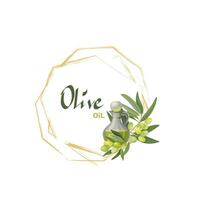 Vector illustration of a faceted frame or wreath of an olive tree with fruits and a jug of olive oil. For invitations, thank you cards, labels and advertisements