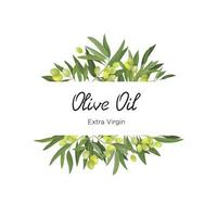 Vector illustration of a horizontal frame made of olive branches and fruits in a cartoon style. Olive frame for virgin oil, packaging and label and banner