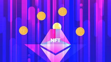 Vector illustration banner with NTF coins and volcano. Nonfungible  unique cryptocurrency. Bright background horizontal format