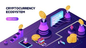 Vector illustration isometric banner with NTF coins and volcano. Cryptocurrency ecosystem concept, for the site