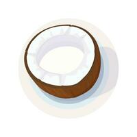 Half of a coconut on a plate and coconut palm products. Cartoon pulp, milk and coconut shell. vector