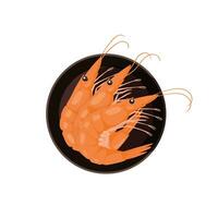 Plate with 3 boiled shrimp in shell, in the style of cartoon. Icon or badge with a dish for Asian cuisine and seafood vector