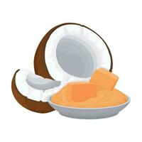 Coconut sugar icon. Half a coconut and pieces of sugar paste. vector