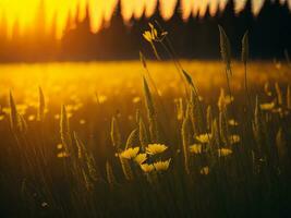 ai generado resumen suave atención puesta de sol campo paisaje de amarillo flores y césped prado calentar dorado hora puesta de sol amanecer tiempo. tranquilo primavera verano naturaleza de cerca y borroso bosque antecedentes. foto