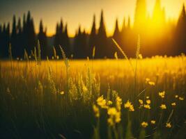 ai generado resumen suave atención puesta de sol campo paisaje de amarillo flores y césped prado calentar dorado hora puesta de sol amanecer tiempo. tranquilo primavera verano naturaleza de cerca y borroso bosque antecedentes. foto