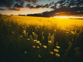 AI generated Abstract soft focus sunset field landscape of yellow flowers and grass meadow warm golden hour sunset sunrise time. Tranquil spring summer nature closeup and blurred forest background. photo