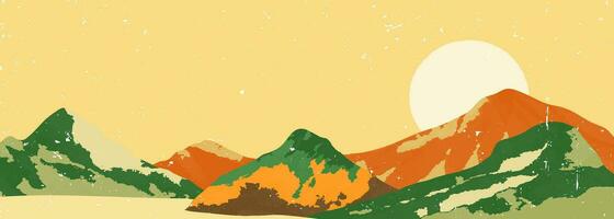 Abstract Mountain landscape illustration. creative minimalist hand painted illustrations of Mid century modern art print. mountains, hills and sun vector