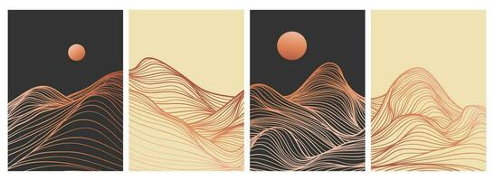 set of creative minimalist modern line art pattern. Abstract mountain contemporary aesthetic backgrounds landscapes. with mountain, desert and wave. use for print art, poster, cover, banner vector