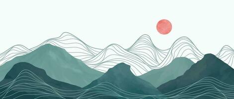 Mountain landscape watercolor painting illustration with line art pattern. Abstract contemporary aesthetic backgrounds landscapes. mountains, hills and skyline vector