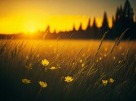 ai generado resumen suave atención puesta de sol campo paisaje de amarillo flores y césped prado calentar dorado hora puesta de sol amanecer tiempo. tranquilo primavera verano naturaleza de cerca y borroso bosque antecedentes. foto