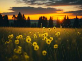 AI generated Abstract soft focus sunset field landscape of yellow flowers and grass meadow warm golden hour sunset sunrise time. Tranquil spring summer nature closeup and blurred forest background. photo