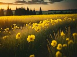 ai generado resumen suave atención puesta de sol campo paisaje de amarillo flores y césped prado calentar dorado hora puesta de sol amanecer tiempo. tranquilo primavera verano naturaleza de cerca y borroso bosque antecedentes. foto