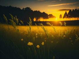 ai generado resumen suave atención puesta de sol campo paisaje de amarillo flores y césped prado calentar dorado hora puesta de sol amanecer tiempo. tranquilo primavera verano naturaleza de cerca y borroso bosque antecedentes. foto