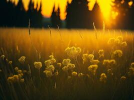 AI generated Abstract soft focus sunset field landscape of yellow flowers and grass meadow warm golden hour sunset sunrise time. Tranquil spring summer nature closeup and blurred forest background. photo