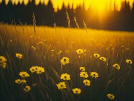 AI generated Abstract soft focus sunset field landscape of yellow flowers and grass meadow warm golden hour sunset sunrise time. Tranquil spring summer nature closeup and blurred forest background. photo