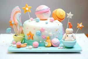 AI generated Cute birthday colorful cake, sweet food, Generative AI photo