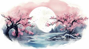 AI generated cherry blossom japanese style water color design background photo