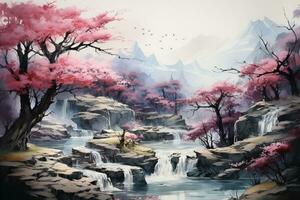 AI generated cherry blossom japanese style water color design background photo