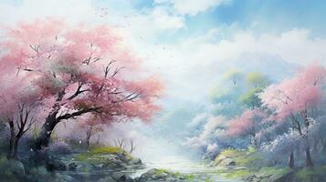 AI generated cherry blossom japanese style water color design background photo