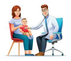 Pediatrician examines the chest of a little boy sitting on his mother's lap with a stethoscope. Vector cartoon character illustration