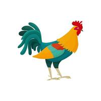 Vector illustration of a rooster in cartoon style with blue feathers. Bright rooster as a symbol or mascot for children's books and postcards with letters.