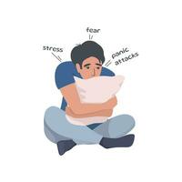 The man hugs the pillow in panic. Panic attacks, fear of the outside world, war and its consequences vector