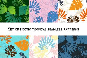 Set with colorful floral tropical design seamless patterns. Wild flowers and leaves background.For textile design and wallpaper, fabric print. Vector illustration