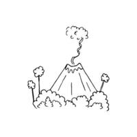 Volcano from the vent of which smoke is coming. Volcano in prehistoric tropical jungle hand-drawn outline vector