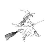 A young witch flies on a broomstick linear drawing. A simple liner-drawn woman in a long skirt and hat sits on a broomstick. vector