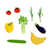 Vector illustration with a set of vegetables and fruits on a white background. Set of eggplant, tomato, pepper and onion, cucumber, banana and celery. Farm products