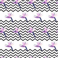 Vector illustration with Strelitzia flowers seamless pattern and geometric pattern zigzag. Tropical jungle and bird of paradise with a zigzag in the background. For fabric or wallpaper.