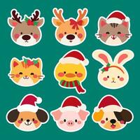 Adorable animals collection for christmas decoration.Set of Cute Christmas Animal Faces. vector