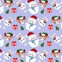 Cute christmas pattern features  snowmen, reindeer, and bunnies on a purple background. vector