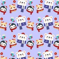 Cute pattern features cute hamsters, penguins, and polar bears on a purple background. vector