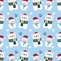 Cute pattern features cute snowman, polar bears, and gloves on a blue background. vector