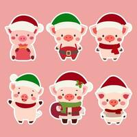 adorable cerdo colección para Navidad decoración.conjunto de linda cerdo aislado en rosado antecedentes. sencillo plano vector ilustración Navidad cerdo en sombrero.