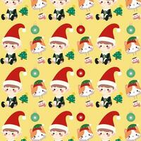 Christmas pattern features a cute elf boy, a cute cat, and a Christmas tree on a yellow background. vector