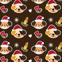 Cute christmas pattern features playful puppies, flickering candles, and festive Christmas elements on a dark background. vector