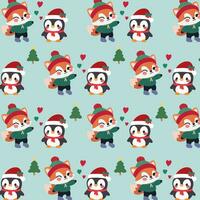 Cute christmas pattern features a playful fox, a penguin, and a festive Christmas tree on a blue background. vector