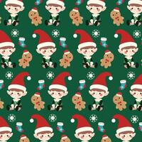 Cute christmas pattern features a cute elf boy, cookie man, sock, snowflake, and green background. vector