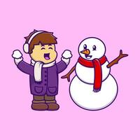 Cute Winter Boy With Snowman Cartoon Vector Icons Illustration. Flat Cartoon Concept. Suitable for any creative project.