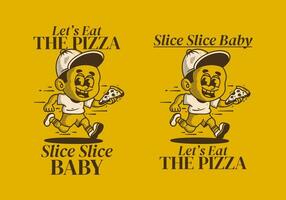 Let's eat the pizza. Boy character running and holding a slice pizza vector