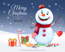 Merry Christmas Sale Template With 3D Rendering Snowman With Christmas Elements psd